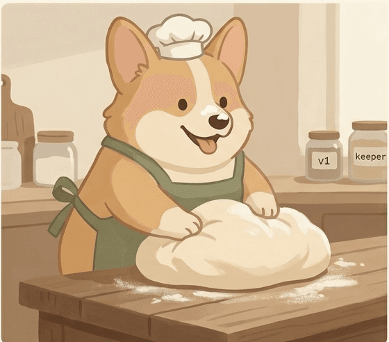 The Doughy Corgi kneading dough, keeper jars on the counter