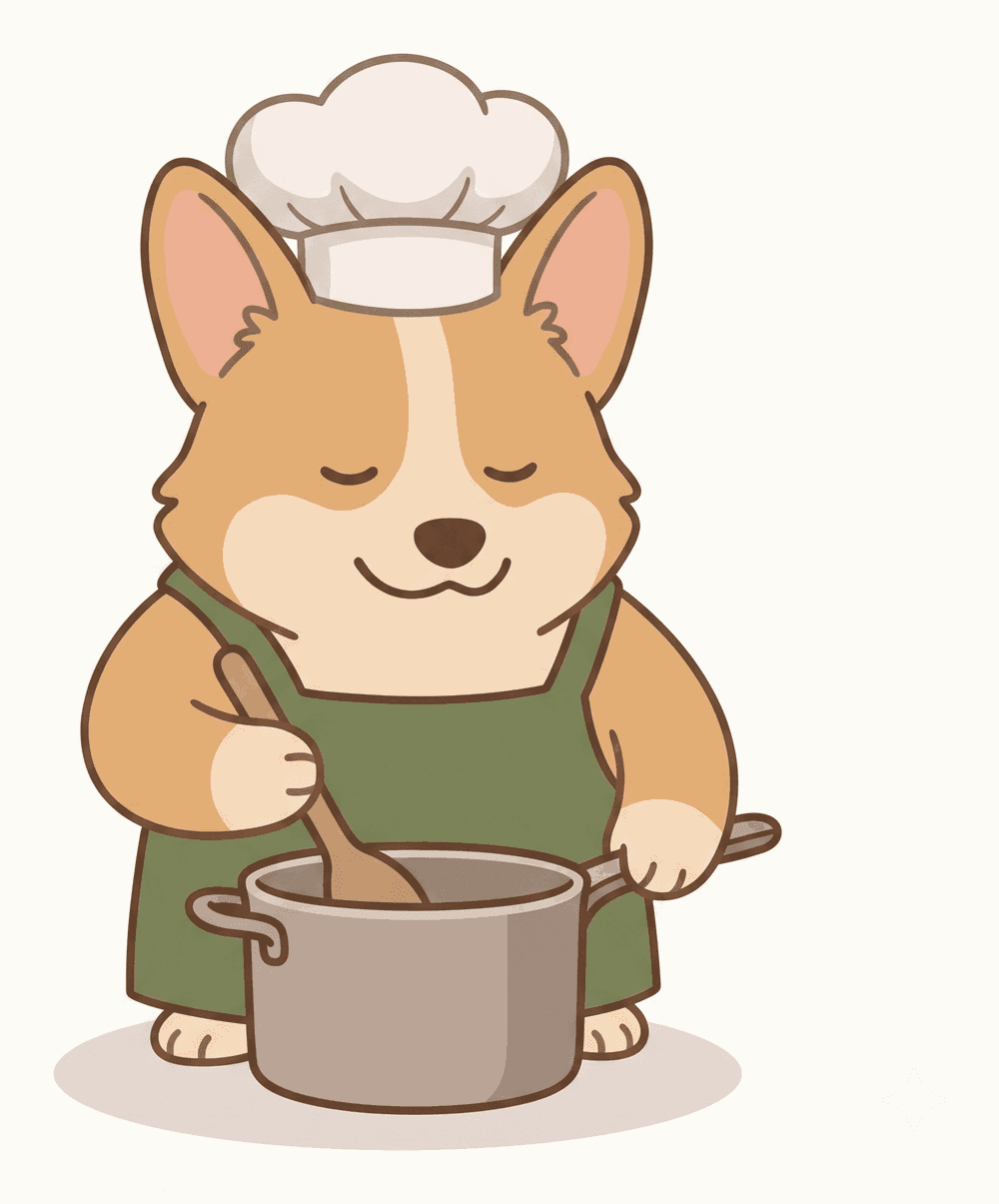 The Doughy Corgi stirring a pot