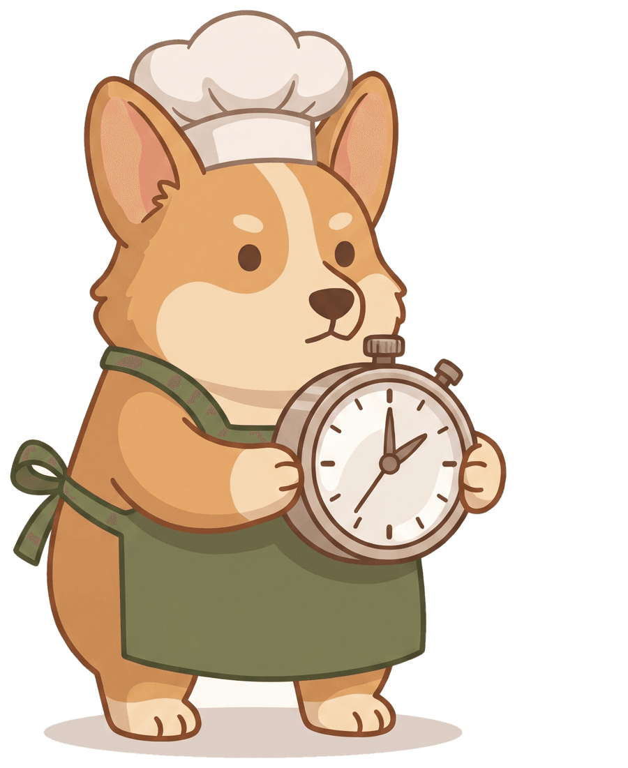The Doughy Corgi holding a kitchen timer