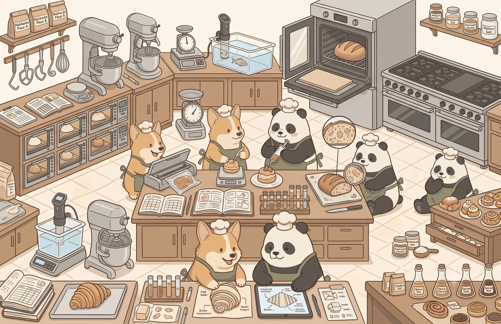The whole kitchen at work: corgi and panda chefs prepping, baking, and logging recipes