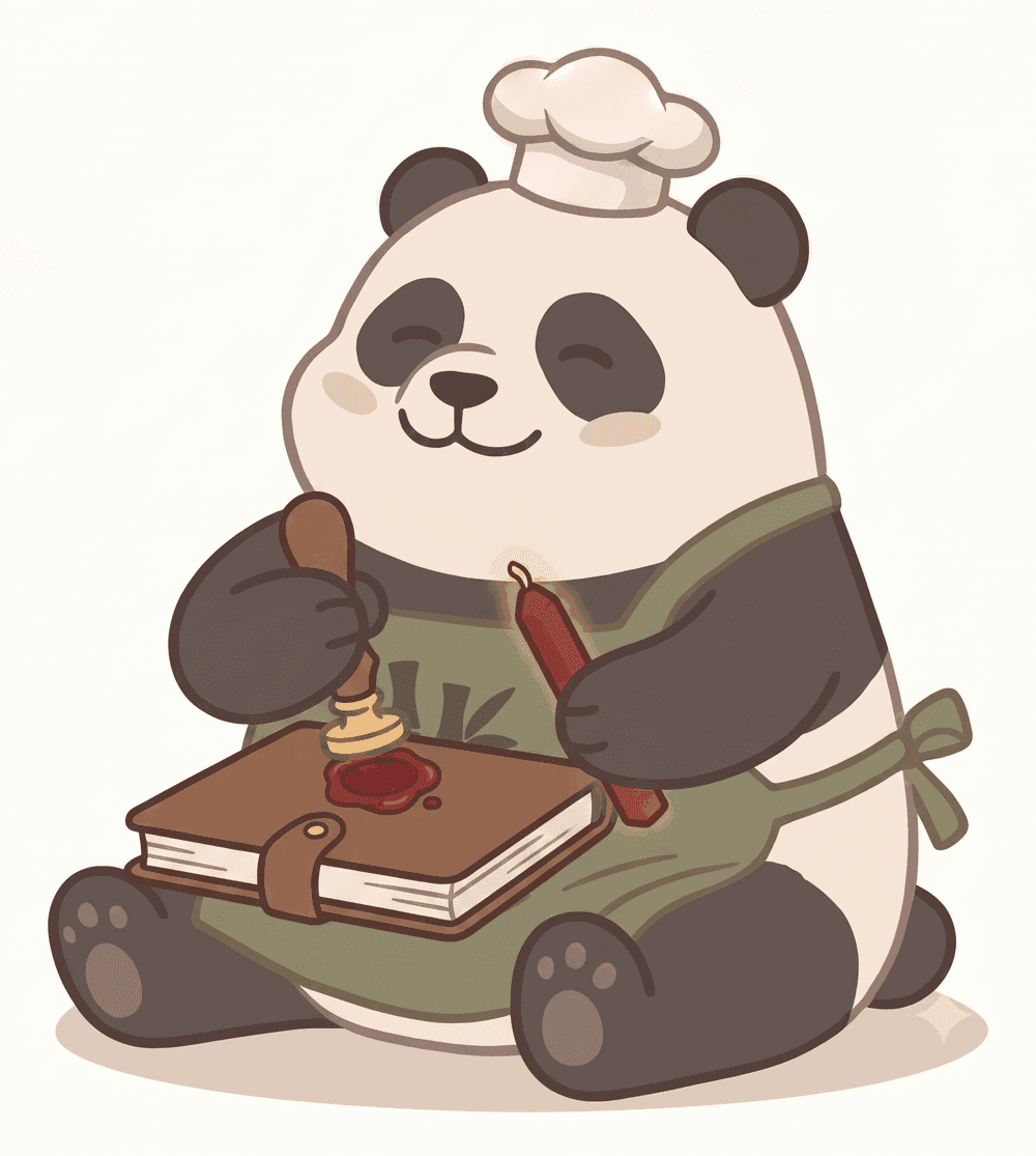The Satisfied Panda sealing a version into the recipe book